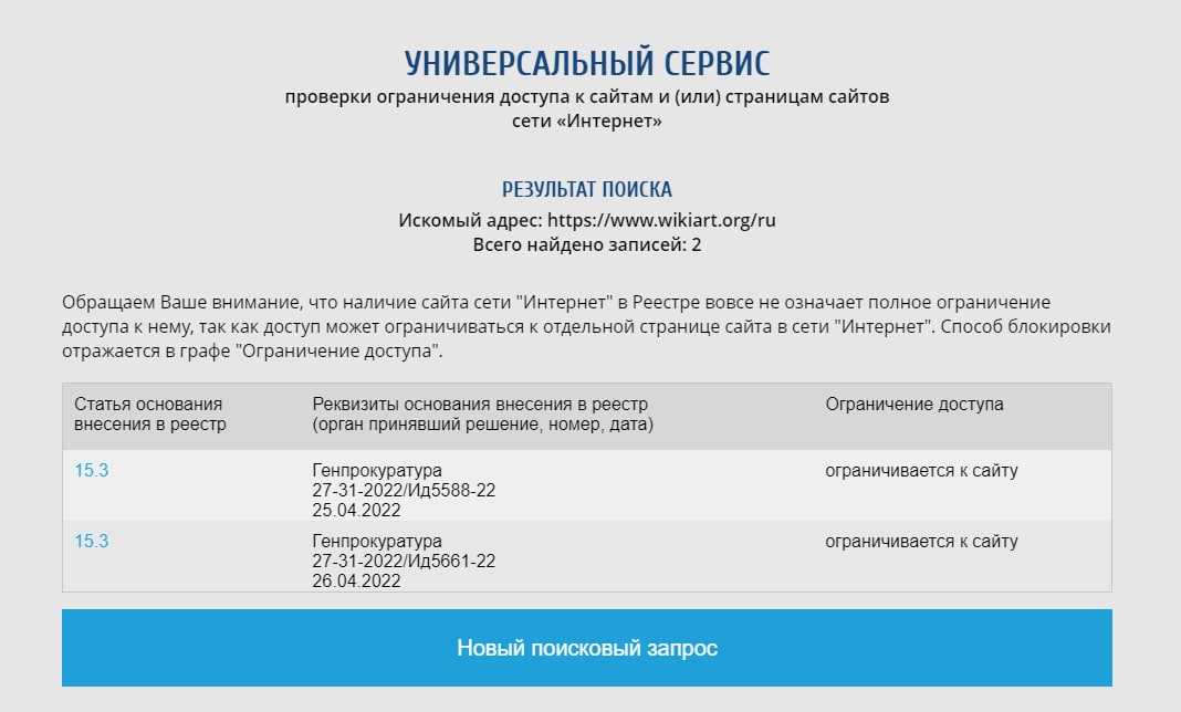 Роскомнадзор заблокировал доступ к энциклопедии искусства Wikiart
